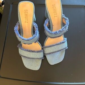 Schutz Blue Frayed Denim Women's Sandals